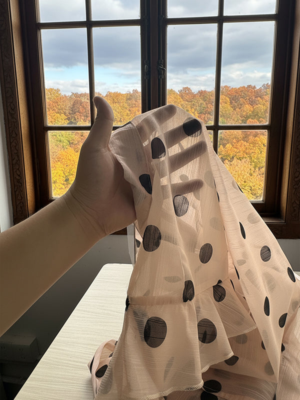 Long Sleeves Loose Buttoned Elasticity Polka-Dot Ruffle Trim See-Through V-Neck Blouses&Shirts Tops