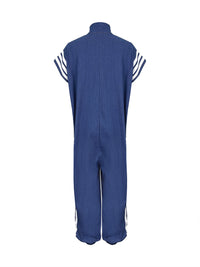 Ankle-Tied Loose Contrast Color Pockets Split-Joint Striped Zipper Stand Collar Jumpsuits