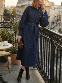 Puff Sleeves Belted Buttoned Pockets Split-Joint Lapel Midi Dresses