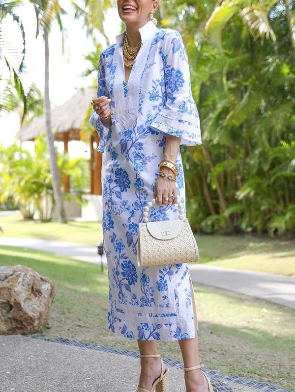 Flared Sleeves Loose Flower Print Split-Joint Split-Side Deep V-Neck Midi Dresses