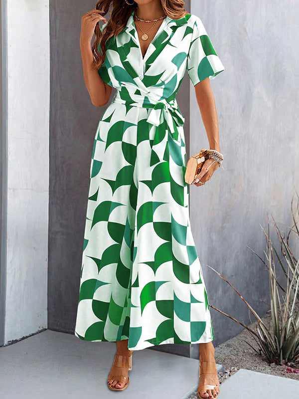 High Waisted Loose Buttoned Contrast Color Tied Waist V-Neck Jumpsuits