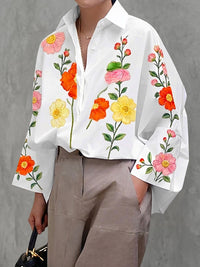 Buttoned Contrast Color Flower Print Long Sleeves Loose Lapel Blouses&shirts Tops