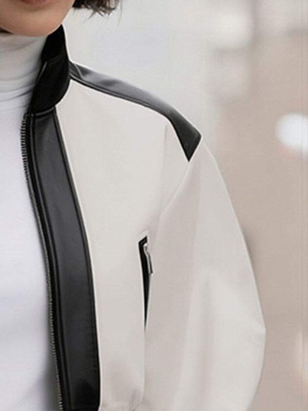 Puff Sleeves Contrast Color Split-Joint Zipper Stand Collar Jackets&Coats
