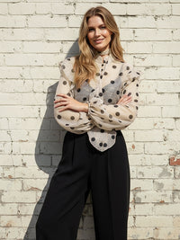 Long Sleeves Loose Buttoned Elasticity Polka-Dot Ruffle Trim See-Through V-Neck Blouses&Shirts Tops