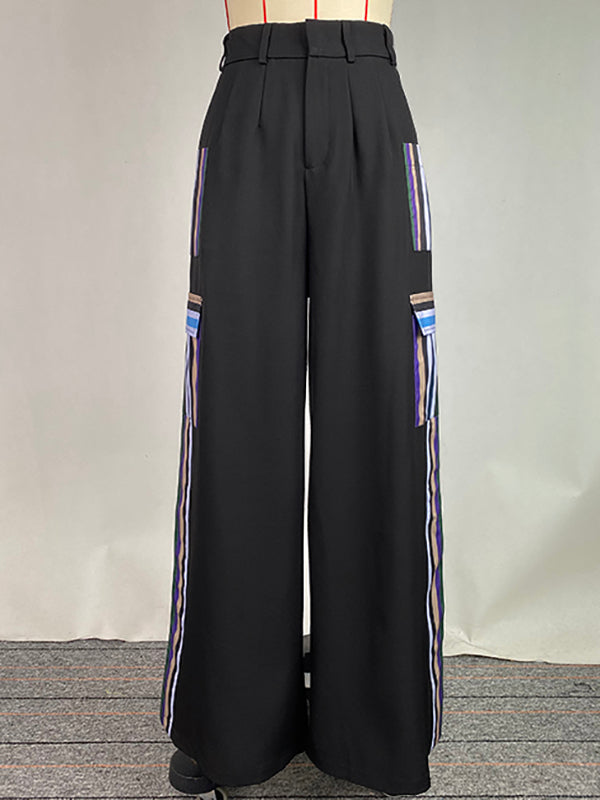 High Waisted Loose Pockets Split-Joint Striped Pants Trousers