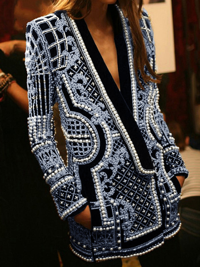 Original Creation Loose Long Sleeves Beads Printed V-Neck Blazer Outerwear