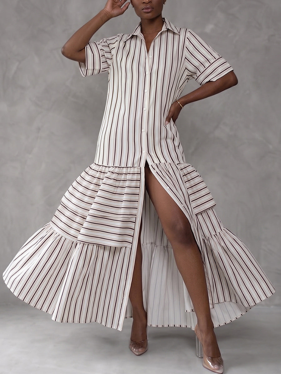 Buttoned Contrast Color Pleated Split-Joint Striped Half Sleeves Loose Lapel Shirt Dress Maxi Dresses