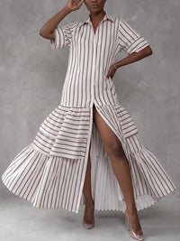 Buttoned Contrast Color Pleated Split-Joint Striped Half Sleeves Loose Lapel Shirt Dress Maxi Dresses
