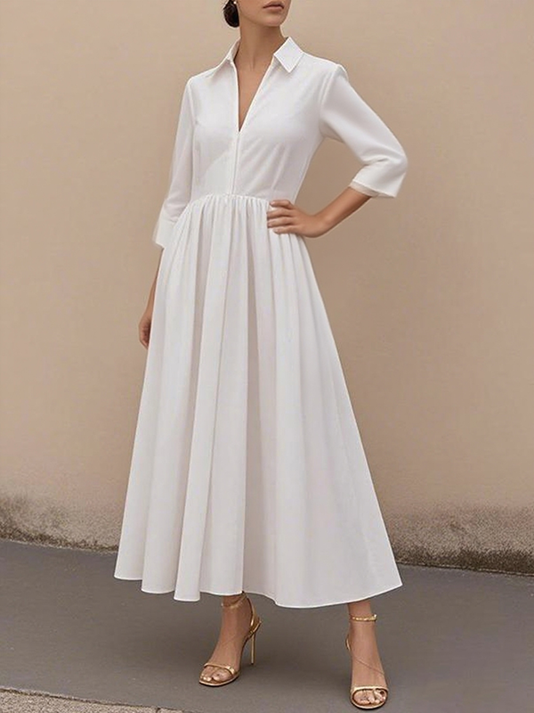 Pleated Solid Color A-Line High Waisted V-Neck Maxi Dresses