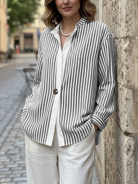 Buttoned Striped Long Sleeves Loose Stand Collar Blouses&Shirts Tops