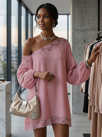 Solid Color Split-Joint Long Sleeves Loose One-shoulder Mini Dresses