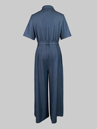Short Sleeves Solid Color Tied Waist V-Neck Denim Jumpsuits