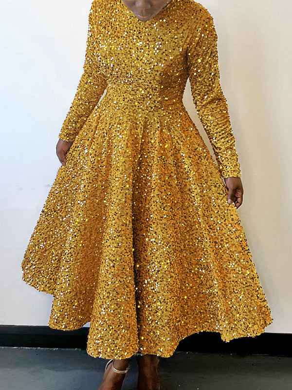 A-Line High Waisted Sequined Split-Joint Zipper Round-Neck Maxi Dresses