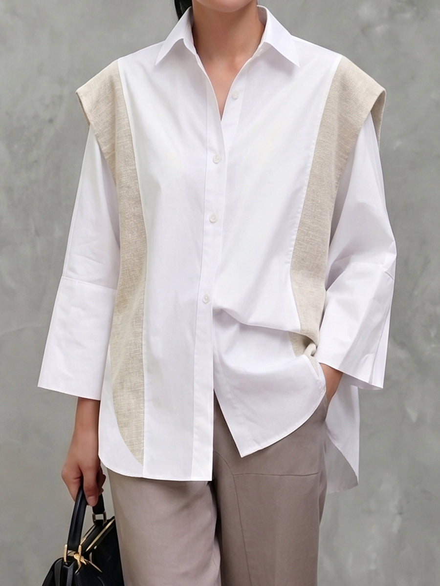 Buttoned Contrast Color Split-Joint Flared Sleeves Long Sleeves Lapel Blouses&Shirts Tops