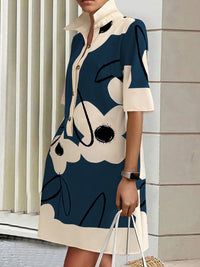 A-Line Half Sleeves Buttoned Contrast Color Flower Print Pockets Stand Collar Mini Dresses