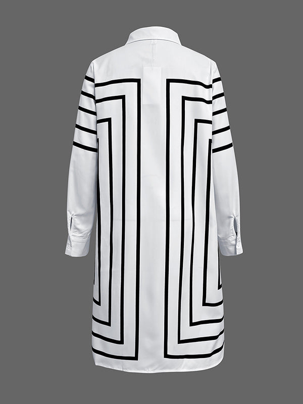 Buttoned Striped Half Sleeves Loose Lapel Shirt Midi Dresses