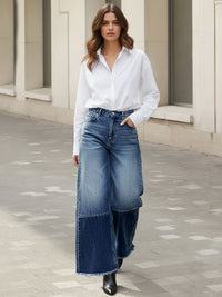 High Waisted Wide Leg Contrast Color Fringed Split-Joint Jean Pants Bottoms