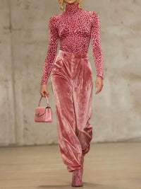 Pleated Pockets Solid Color Velvet High Waisted Trousers Pants