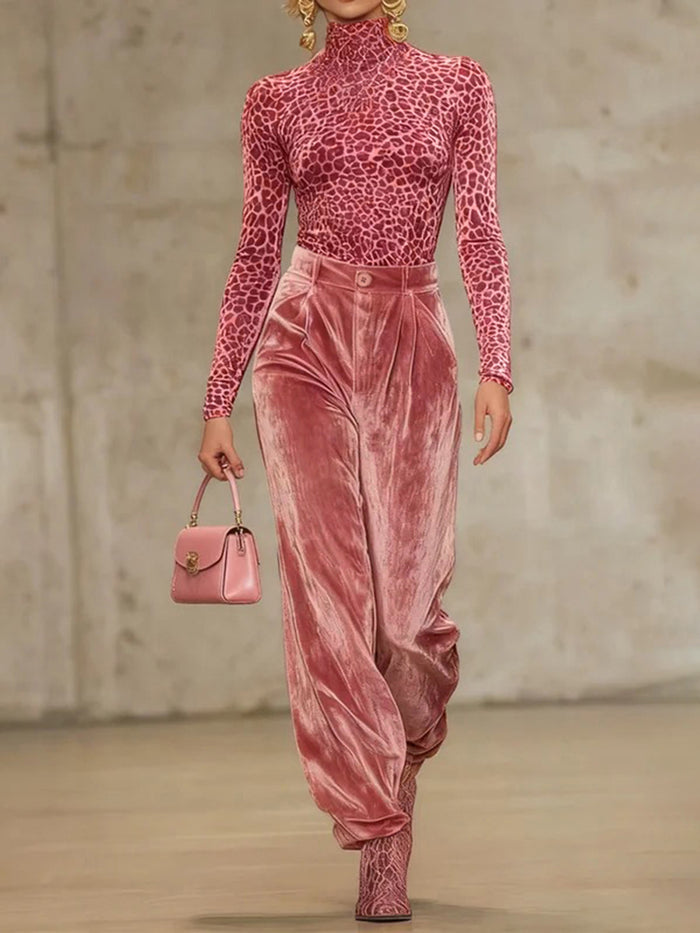 Pleated Pockets Solid Color Velvet High Waisted Trousers Pants