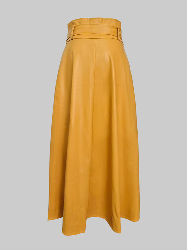 A-Line High Waisted Belted Pockets Solid Color Zipper Skirts Bottoms