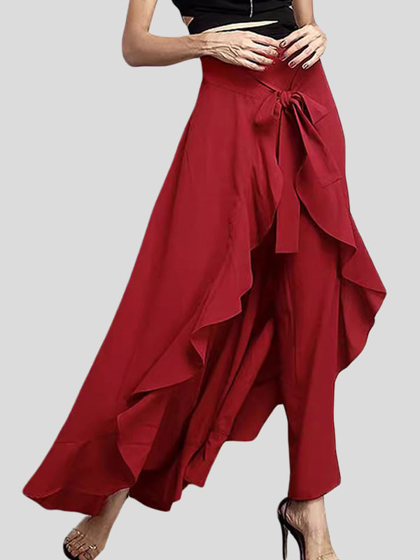 Loose Ruffle Trim Solid Color Split-Joint Tied Waist Zipper Culotte