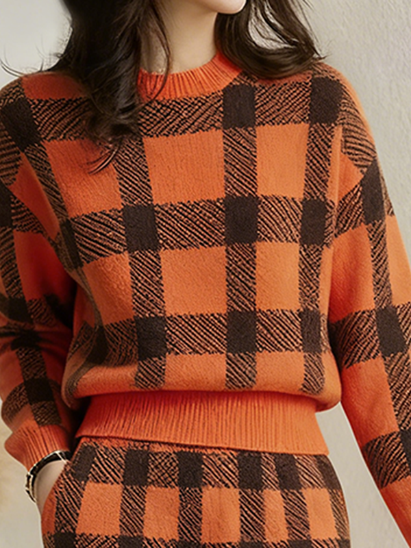 Contrast Color Plaid Long Sleeves Mock Neck Sweater Tops