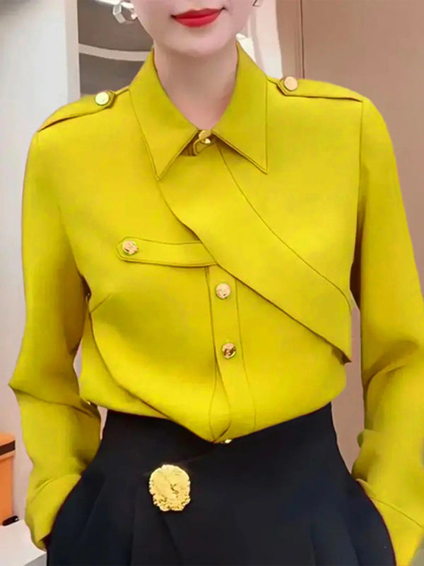 Long Sleeves Loose Asymmetric Buttoned Lapel Blouses&Shirts Tops