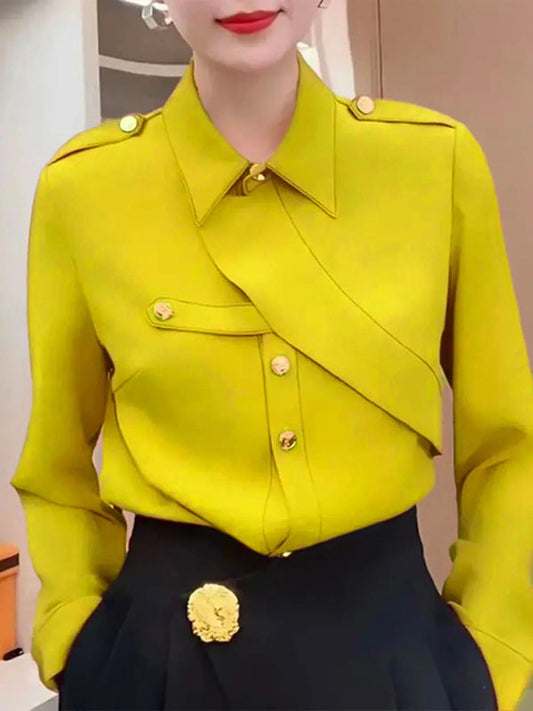 Long Sleeves Loose Asymmetric Buttoned Lapel Blouses&Shirts Tops