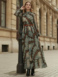 Balloon Sleeves Long Sleeves Big Hemline Contrast Color Pleated Print Zipper Stand Collar Maxi Dresses