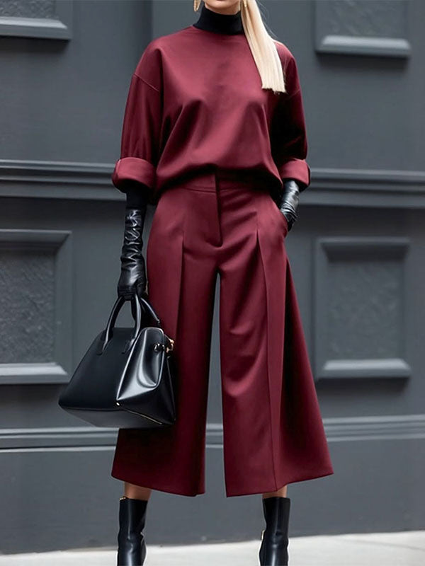 Solid Color Long Sleeves Loose Round-Neck Hoodies&Sweatshirt Tops