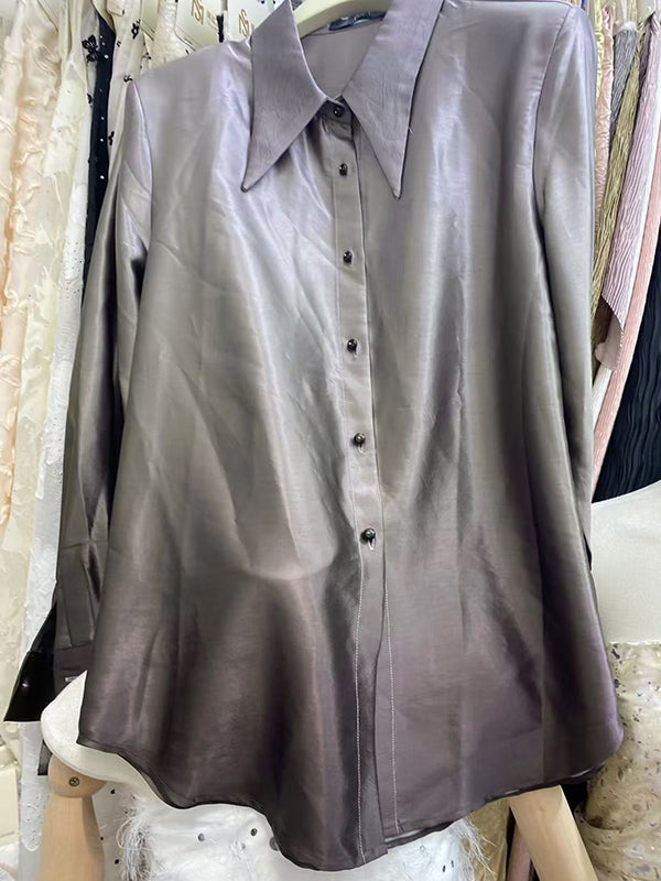 Buttoned Gradient Long Sleeves Lapel Blouses&shirts Tops