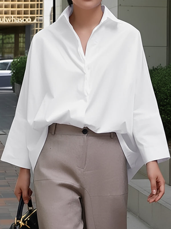 Long Sleeves Loose Solid Color Lapel Collar Blouses&Shirts Tops