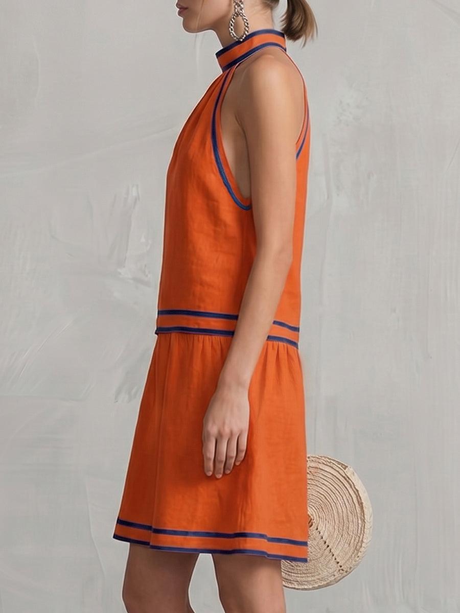 Contrast Color Pockets Zipper A-line Sleeveless Halter-Neck Mini Dresses