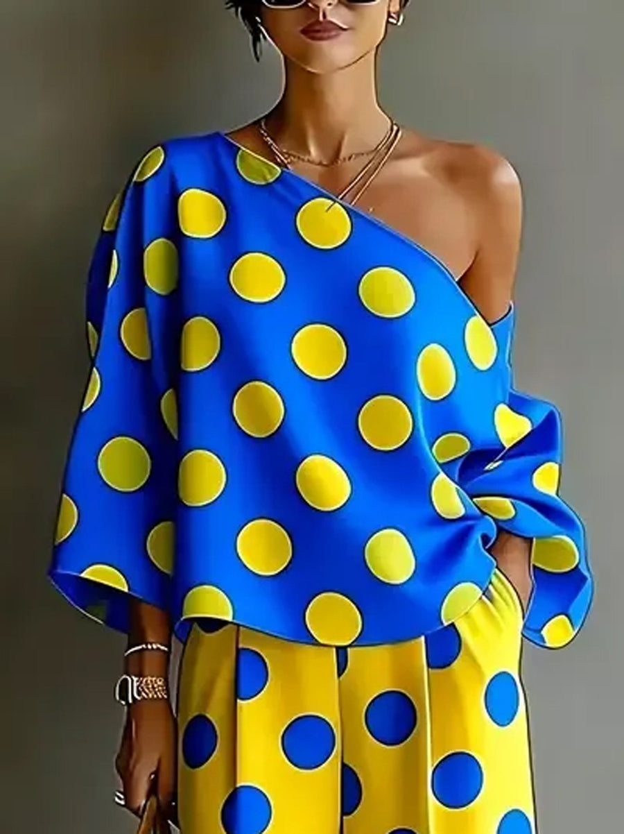 Asymmetric Polka-Dot Long Sleeves Loose One-shoulder Blouses&shirts Tops