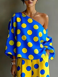 Asymmetric Polka-Dot Long Sleeves Loose One-shoulder Blouses&shirts Tops