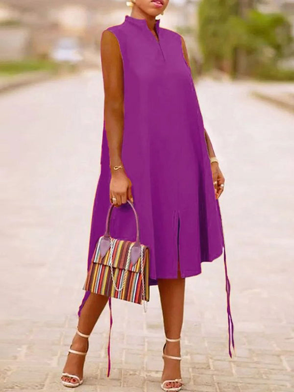 A-Line Sleeveless Solid Color Split-Joint Split-Side Streamer V-Neck Midi Dresses