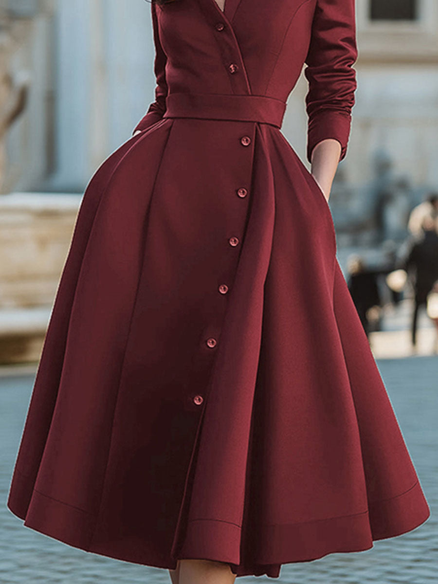 Buttoned Pockets Solid Color Split-Joint A-Line High Waisted Stand Collar Midi Dresses