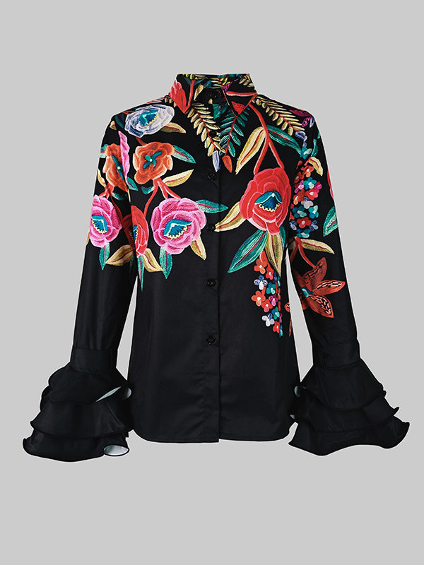 Buttoned Contrast Color Flower Print Flared Sleeves Long Sleeves Lapel Blouses&Shirts Tops