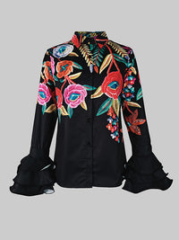 Buttoned Contrast Color Flower Print Flared Sleeves Long Sleeves Lapel Blouses&Shirts Tops