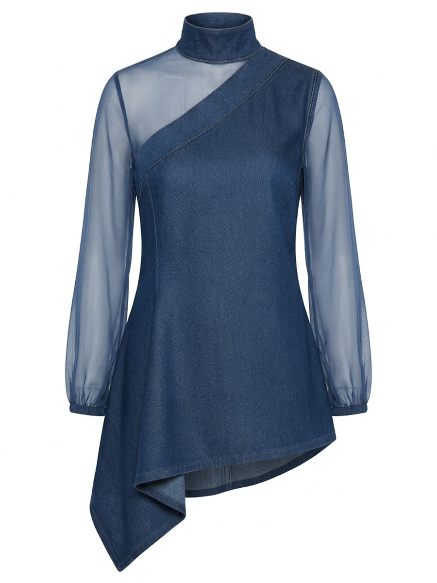 Asymmetric Mesh Split-Joint Long Sleeves Puff Sleeves Mock Neck Blouses&Shirts Tops