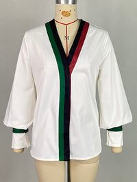 Contrast Color Pleated Long Sleeves Loose V-Neck Blouses&Shirts Tops
