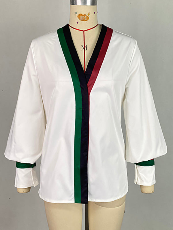 Contrast Color Pleated Long Sleeves Loose V-Neck Blouses&Shirts Tops