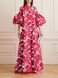 Loose Flower Shape Solid Color Stand Collar Lantern Sleeves Maxi Dresses