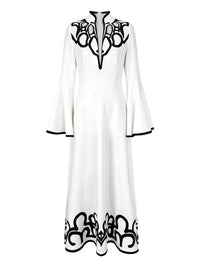 A-Line Flared Sleeves Abstract Printed Contrast Color Hollow Line Split-Joint Stand Collar Maxi Dresses