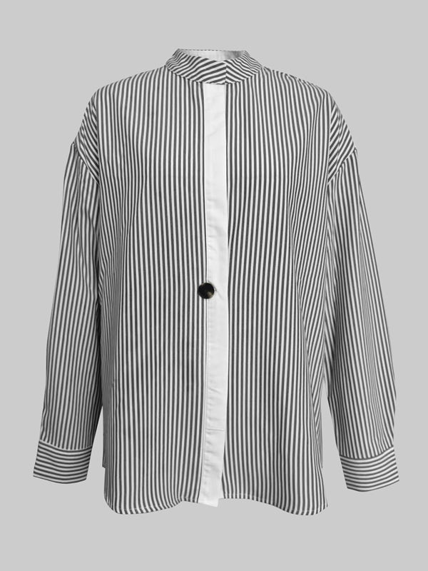 Buttoned Striped Long Sleeves Loose Stand Collar Blouses&Shirts Tops