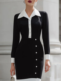 Buttoned Contrast Color Split-front Split-Joint High Waisted Long Sleeves Lapel Midi Dresses