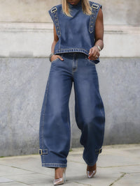 High Waisted Wide Leg Buckle Pockets Solid Color Jean Pants Bottoms