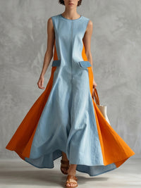 A-Line Loose Contrast Color Split-Front Round-Neck Maxi Dresses