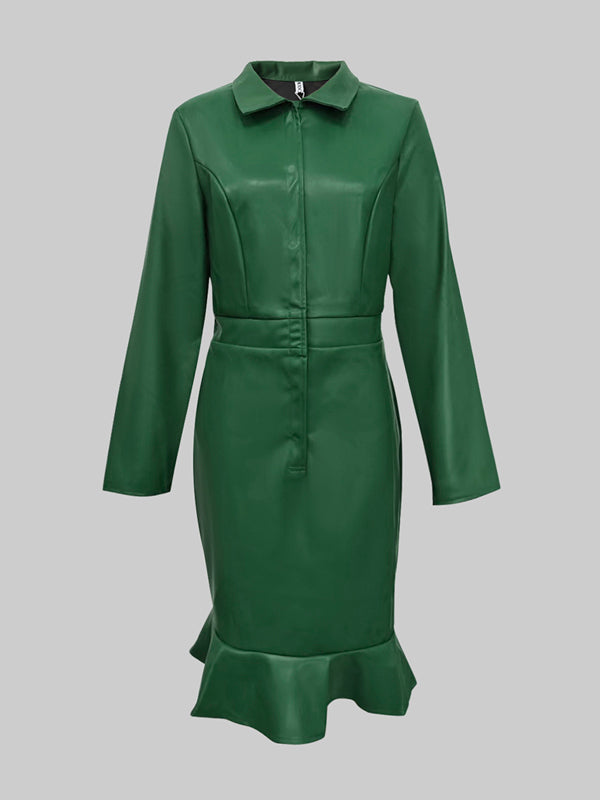 Buttoned Elasticity Ruffle Trim Solid Color Split-Joint Bodycon Long Sleeves Lapel Midi Dresses