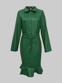 Buttoned Elasticity Ruffle Trim Solid Color Split-Joint Bodycon Long Sleeves Lapel Midi Dresses